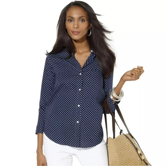 LAUREN RALPH LAUREN Navy/White Polka Dot Non Iron Button Up Cotton Shirt Size 1X - Picture 1 of 10